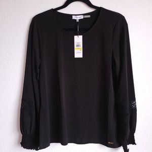 New Calvin Klein Lace Inset Long Sleeves Smocked Cuffs Knit blouse in black